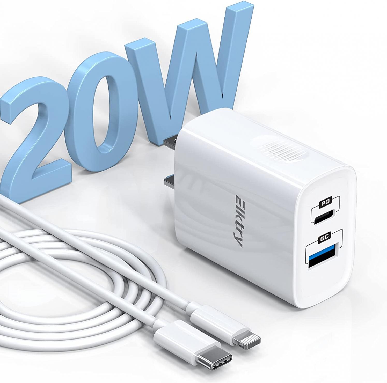 iPhone Fast Wall Charger 20W, 【MFi Certified】 Elktry Dual-Port PD 3.0 USB C & QC 3.0 USB A Charger Block with 6FT Lightning Cable Compatible with iPhone13/12/11 Pro/iPad/iPod/Air Pods etc