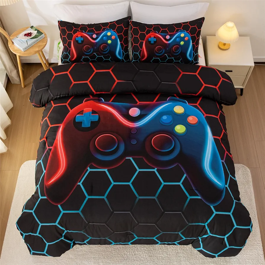 Meeting Story 3Pieces Game Console Comforter Set for Boys Girls Kids Geometric Lightweight Microfiber Gamepad Modern Gamer Gaming Printed Bedding Set(Full,Blue-Red)