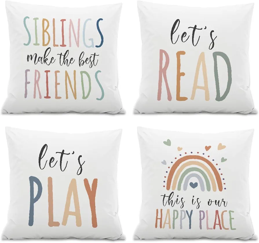 This is Our Happy Place PillowCovers,Let's Read Let's Play Inspirational Quotes Pillow Case Set of 4,Kids Room Decor,Rainbow Pillow Decor for Classroom Nursery Baby Bedroom Playroom,18x18 Inch