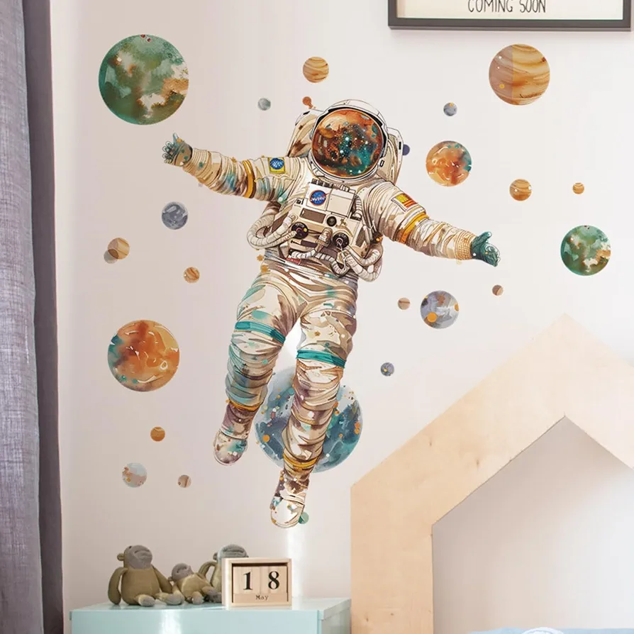 Astronaut Wall Stickers Large Cartoon Spaceman Outer Planet Wall Decals Creative DIY Art Vinyl Removable Art Decor for Kids Bedroom Playroom Living Room