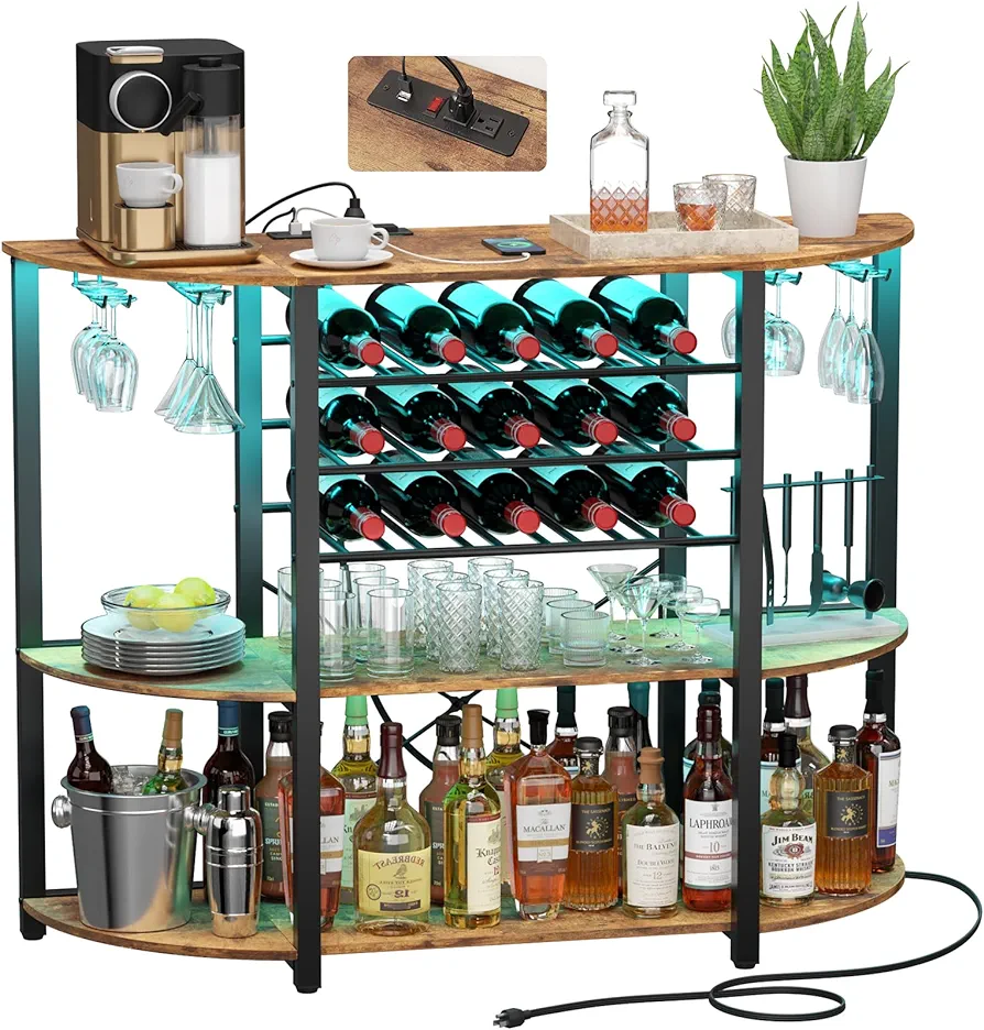 Lifewit Wine Rack Table, Liquor Bar Cabinet with Outlet and LED Light, Freestanding Floor Bar Table with Glass Holder and Wine Rack, Coffee Bar Stand for Home Kitchen Living Dining Room, Rustic Brown