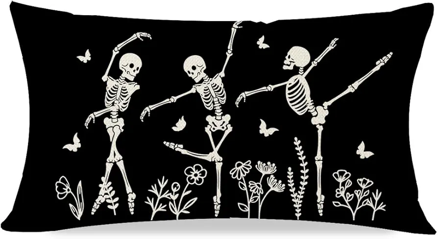 Dancing Skeleton Halloween Throw Pillow Cover 12x20 Flower Butterfly Black Halloween Decorations Indoor Outdoor Rectangle Lumbar Decorative Throw Pillows Cases for Home Room Couch Decor