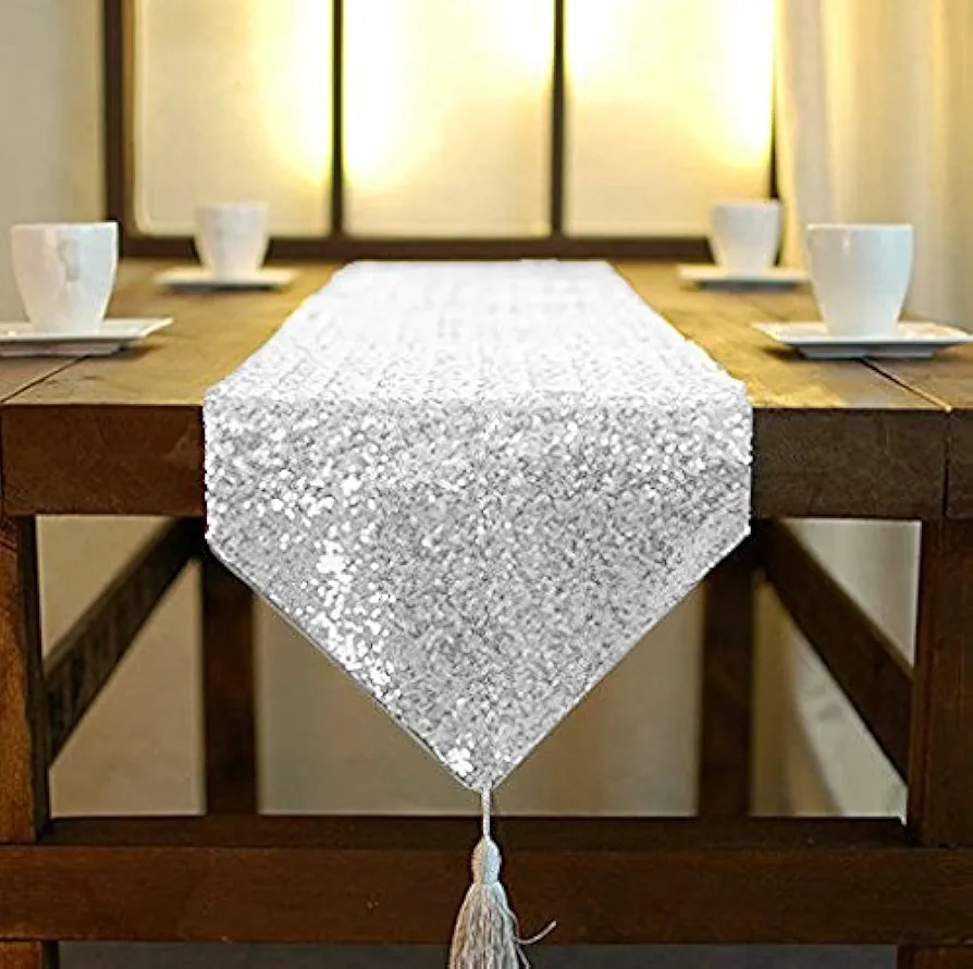 ShinyBeauty 12 by 108 in Wedding Silver Sequin Table Runner with Tassel Party Supplies Silver Sequin Table Runner 108 Inches Long Fall Dining Table Runner