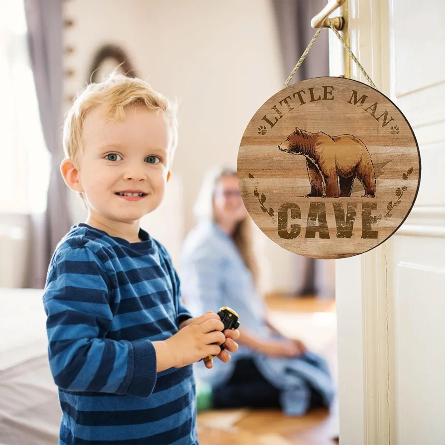 Wooden Little Man Cave Sign for Baby Boy Nursery Decor, Woodland Nursery Room Wall Decorations, Rustic Farmhouse Bear Wall Art Decor Kids Bedroom Hanging Decor (A)