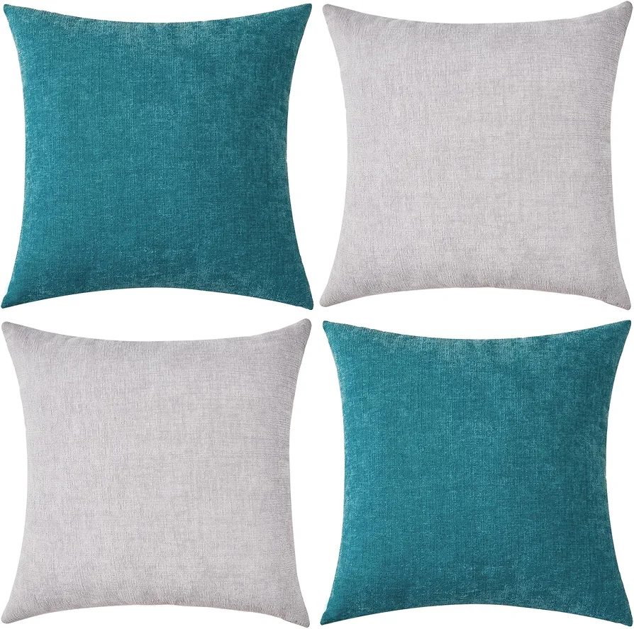 Pack of 2 Couch Throw Pillow Covers 16x16 Inch Soft Square Chenille Pillow Cover for Sofa Living Room Bedroom Car Solid Dyed Pillow Cases (Only Pillowcases) 40x40 Cm, Light Grey, Teal