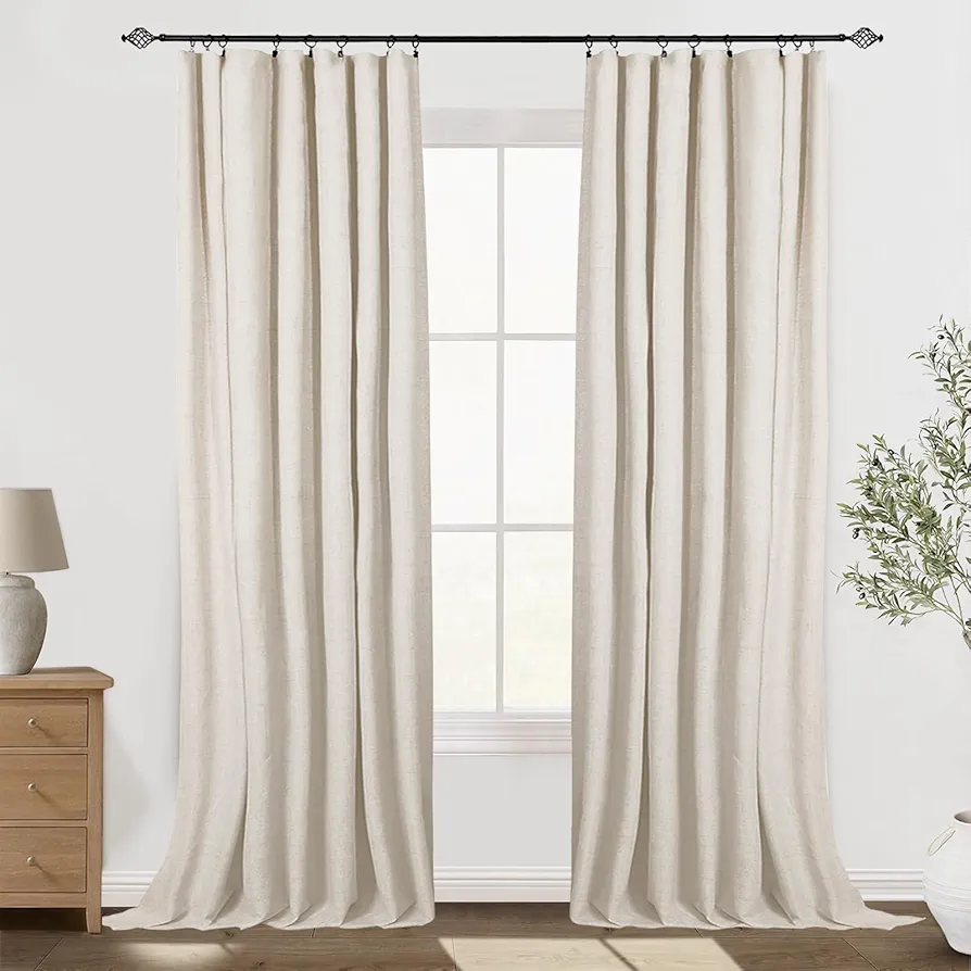 100% Blackout Shield Blackout Curtains for Bedroom 96 inch Length 2 Panels Set, Clip Rings/Rod Pocket Faux Linen Blackout Curtains, Thermal Insulated Curtains for Living Room, Butter Cream, 50Wx96L