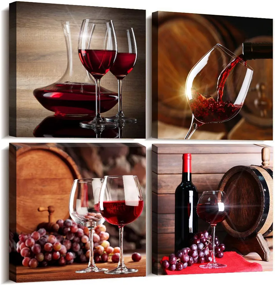 TTHYUEWS Canvas Wall Art For Kitchen Dining Room Wall Decor Wine Glass Wall Painting Still Life Wine Fruit Goblet Frame Wall Pictures Prints Artwork Bar Restaurant Decoration Home Decor 4 Piece Set