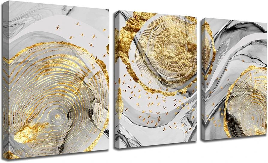 RUIFENGL Gold and Black Abstract Wall Art Abstract Marble Texture Pattern Golden Fluid Black White Grey Ink Pictures Canvas Prints Wall Art for Bedroom Living Room Home Office 12"x16"x3 Panels