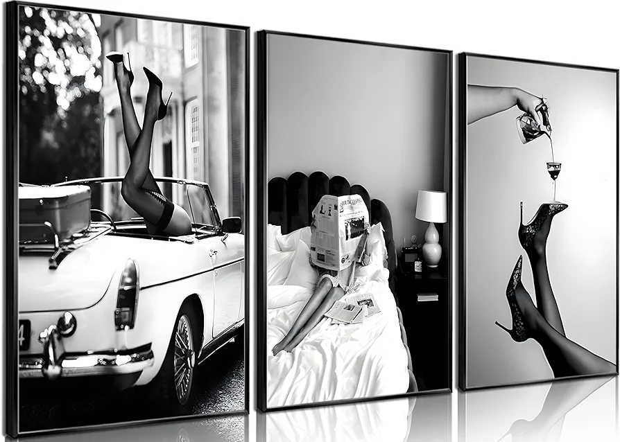 3pcs Stylish Women Reading Newspaper Before Bed Wall Art, High Heels Vintage Car Posters, Feminist Black And White Vintage Canvas Prints pictures ， Home living room wall decoration bar cart (Unframed,