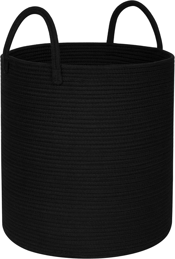 MINTWOOD Design Large 18 x 16 Inches Decorative Woven Cotton Rope Basket, Tall Laundry Basket Hamper, Blanket Basket for Living Room, Storage Baskets for Toys, Towel, Throw, Pillow, Full Black