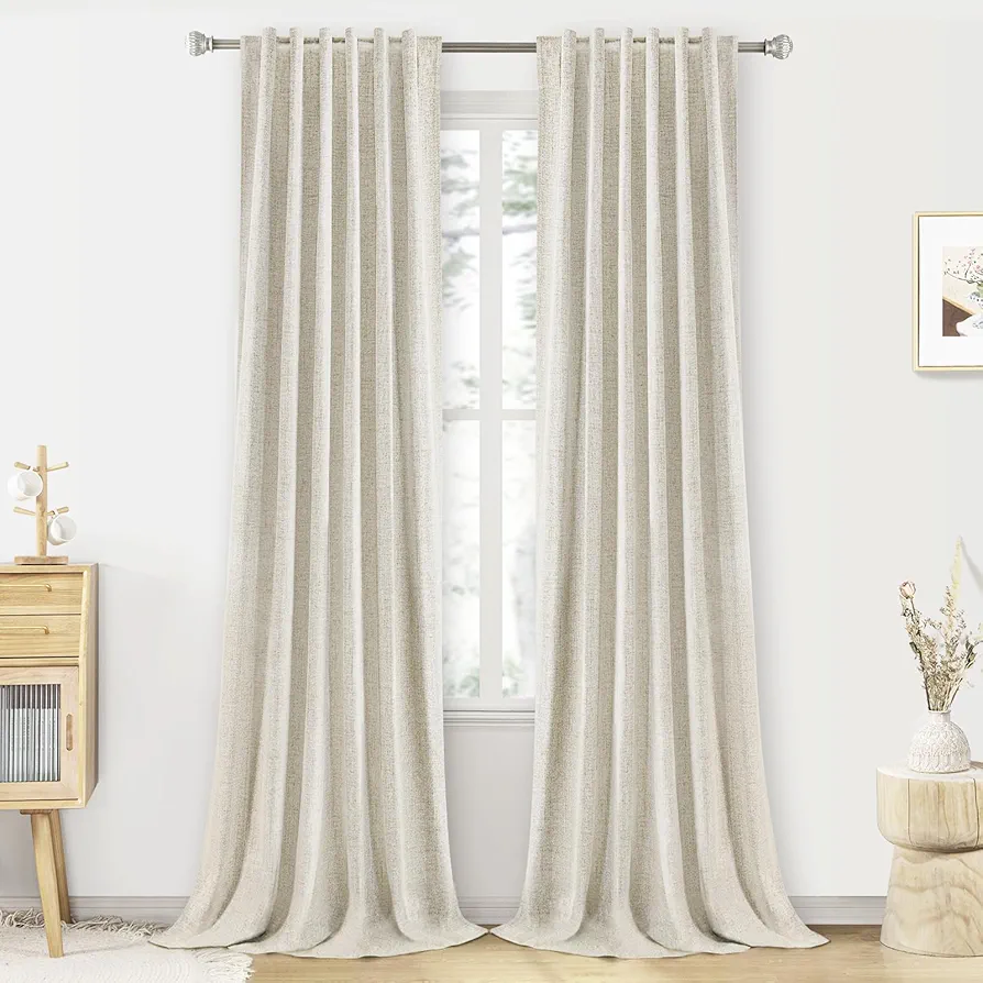 Beige Cream Linen 100% Blackout Curtains 84 Inches Long 2 Panels Set for Living Room Bedroom Back Tab Thermal Insulated Black Out Linen Drapes Room Darkening Window Curtains 84 Inch Length