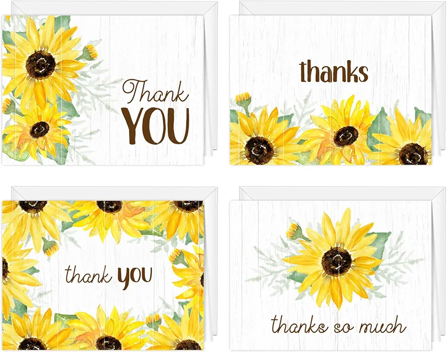 Sunflower Thank You Cards / 24 Thanks Cards With White Envelopes / 3 1/2" x 4 7/8" Folded Cards / 4 Watercolor Floral Gratitude Designs/Made In The USA