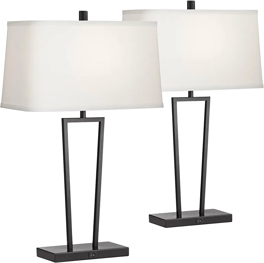 360 Lighting Cole Modern Minimalist Table Lamps 27" Tall Set of 2 with USB Charging Ports Black Metal White Rectangular Shade for Living Room Bedroom House Bedside Nightstand Home Office