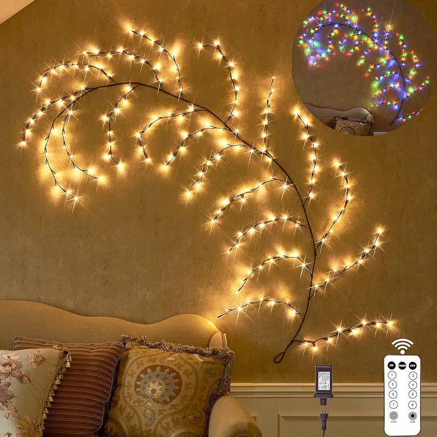 Hairui Lighted Willow Vine with Timer 8FT 160 Warm White and Multicolored LED Lights,Garland with Lights 8 Functions with Remote Control for Bedroom Living Room Wall Christmas Decorations