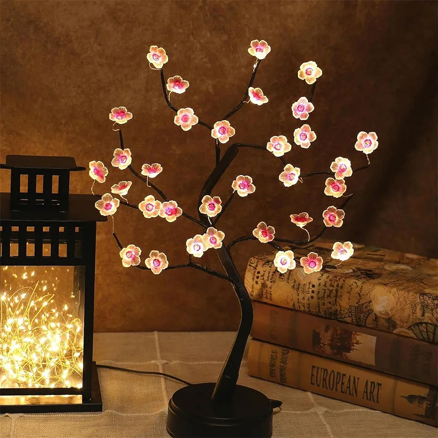 18 Inch Room Decor Desk Table LED Bonsai Tree Lamp, Christmas Cute Aesthetic Lighted Cherry Blossoms Flowers Branches Lamp, Battery and USB Plug Operated, Decorative Tabletop XMAS Decorations