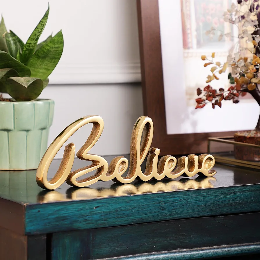 Tabletop Freestanding Believe Sign,Decorative Metal Words Home Decor,Bedroom Kitchen Living Room Table Centerpiece Words.Decorative Metal Word Signs - Believe - Gold