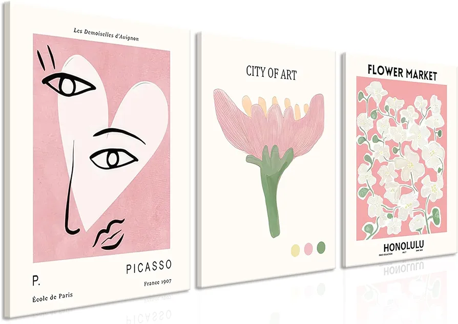 Pink Flowers Canvas Wall Art Set of 3, Modern Minimalist Picasso Posters Prints, Abstract Floral Flower Wall Decor Art for Living Room, Bedroom, Gallery Decor - Framed 12x16in