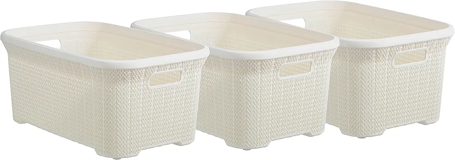 Plastic Laundry Basket Small Storage Hamper Basket, 3 Pack Cream Cloths Basket Organizer with Cut-Out Handles. Space Saving for Laundry Room Bedroom Bathroom, Knit Design 40 Liter.