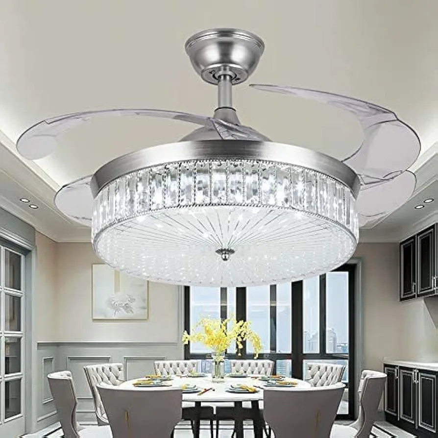 42" Invisible Ceiling Fan Chandelier Light,Modern Crystal Ceiling Fan Light Remote Control 4 Retractable ABS Blades for Bedroom Living Room Dining Room Decoration (Style D)