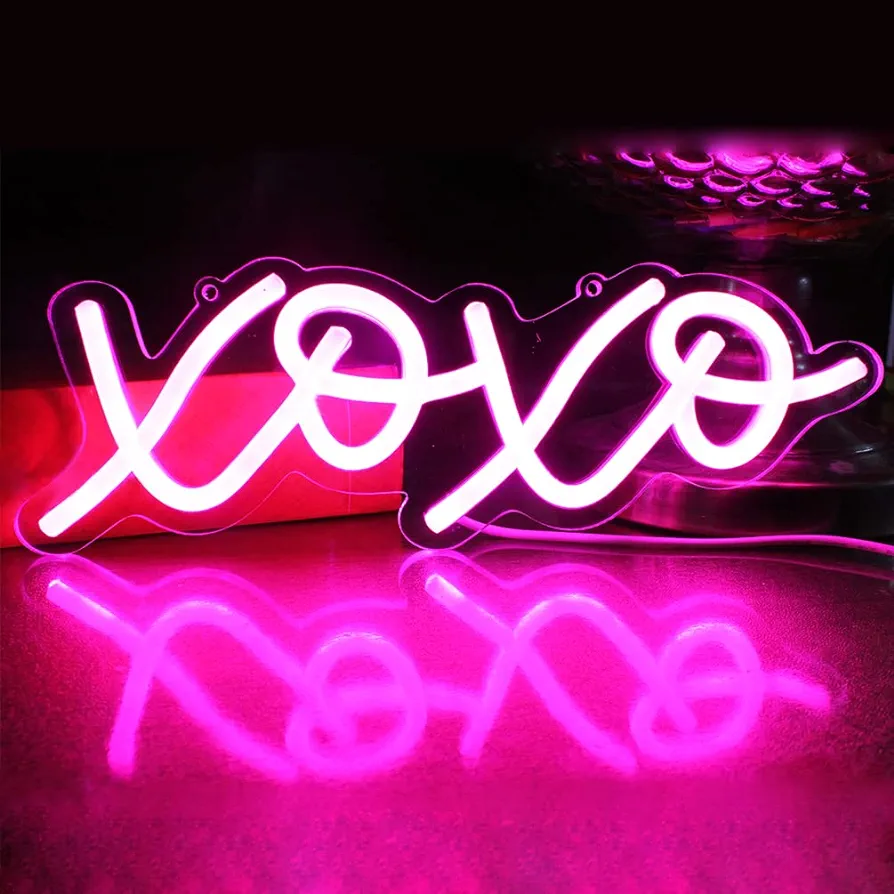 Valentines Day XOXO Pink LED Neon Light Sign for Bedroom Wall Neon Lights for Wall Decor Light Up Sign for Room Birthday Gift Kids' Party Hotel Restaurant Bar (USB Powered)