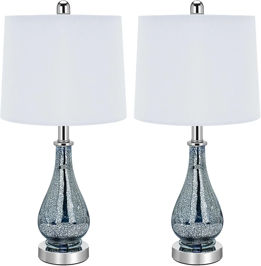 Glass Table Lamps Set of 2, Modern 23.5” High Blue Silver Mercury Glass Bedside Lamps, for Bedroom Living Room Home Office Desk Nightstand Table Lamp