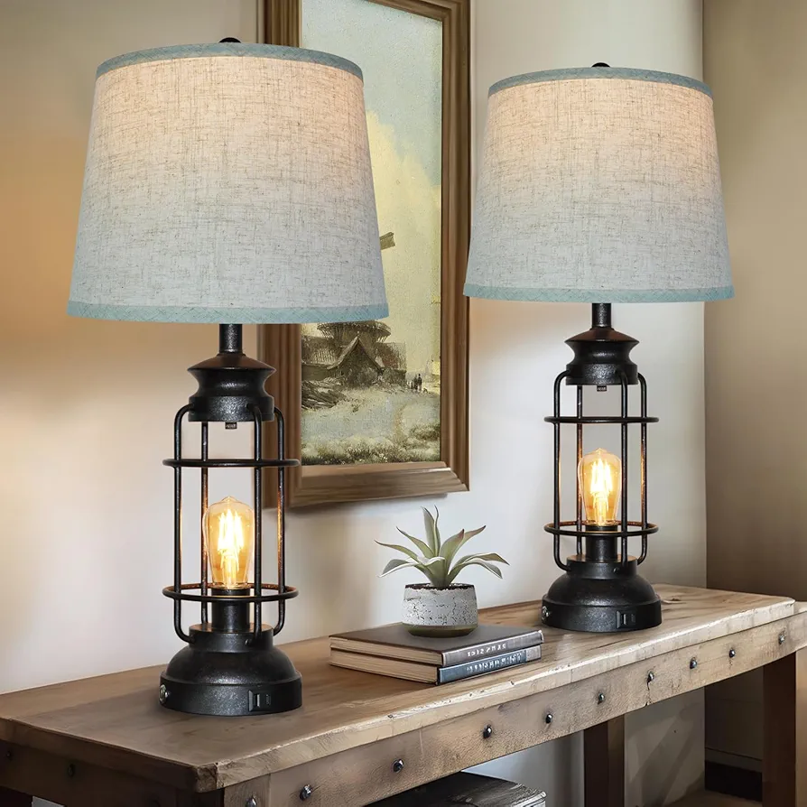 Table Lamps Set of 2 with USB Port 3 Way Dimmable Touch lamps 28.5" Tall Rustic Industrial Living Room Lamps for Bedroom Bedside Office 4 Bulbs Included