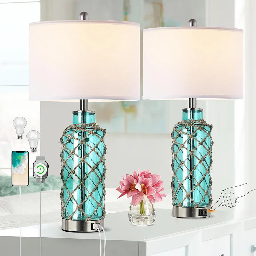 Cottage Nautical Accent Table Lamp Set of 2, Touch Coastal Blue Green Glass Rope Net Bedside Lamp with USB C+A Fast Charging Ports, 3-Way Dimmable Nightstand Lamps White Shade for Living Room Bedroom