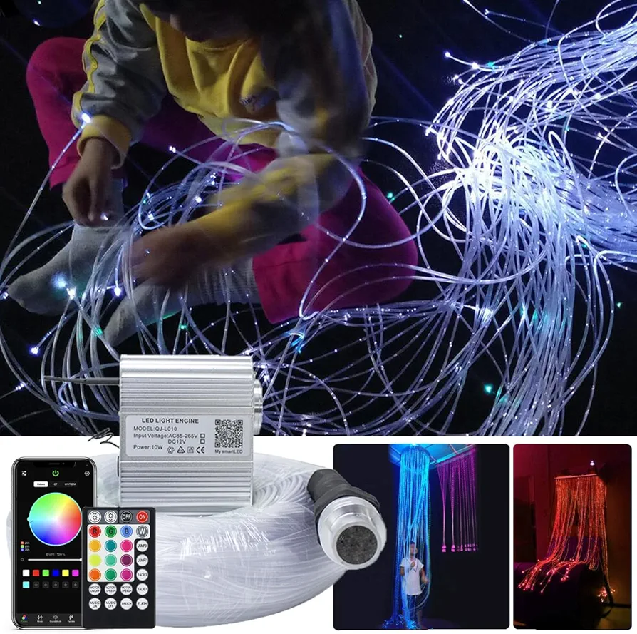 AKEPO Fiber Optic Sensory Lights for Autism Sensory Room for kids, 10W RGBW Twinkle+Music Response+Bluetooth App Control Fiber Optic Light Engine with (3x0.75mm) Flash Point Cable 50pcs of 6.5ft/2m