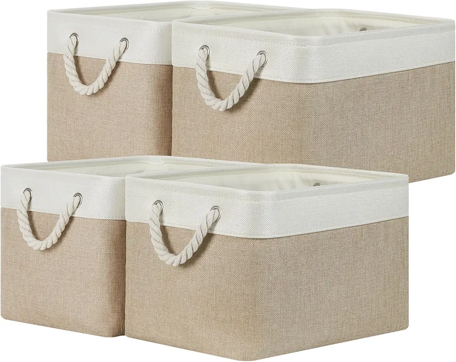 Temary Fabric Storage Baskets 4Pack Storage Bins Decorative Basket for Gift, Clothes Bin with Rope Handle, Rectangle Baskets for Storage, Blankets(White&Khaki,15x11x9.5 inch)