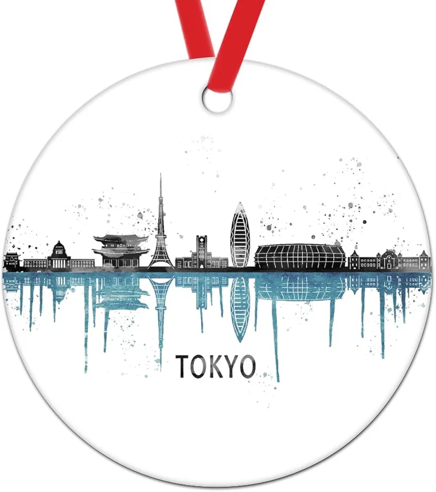 Cityscape Souvenir Gift Ornament Japan Tokyo Christmas Ornament Skyline Watercolor Painting Art Ceramic Xmas Ornaments Watercolor Japan Tokyo City Xmas Tree Decorations