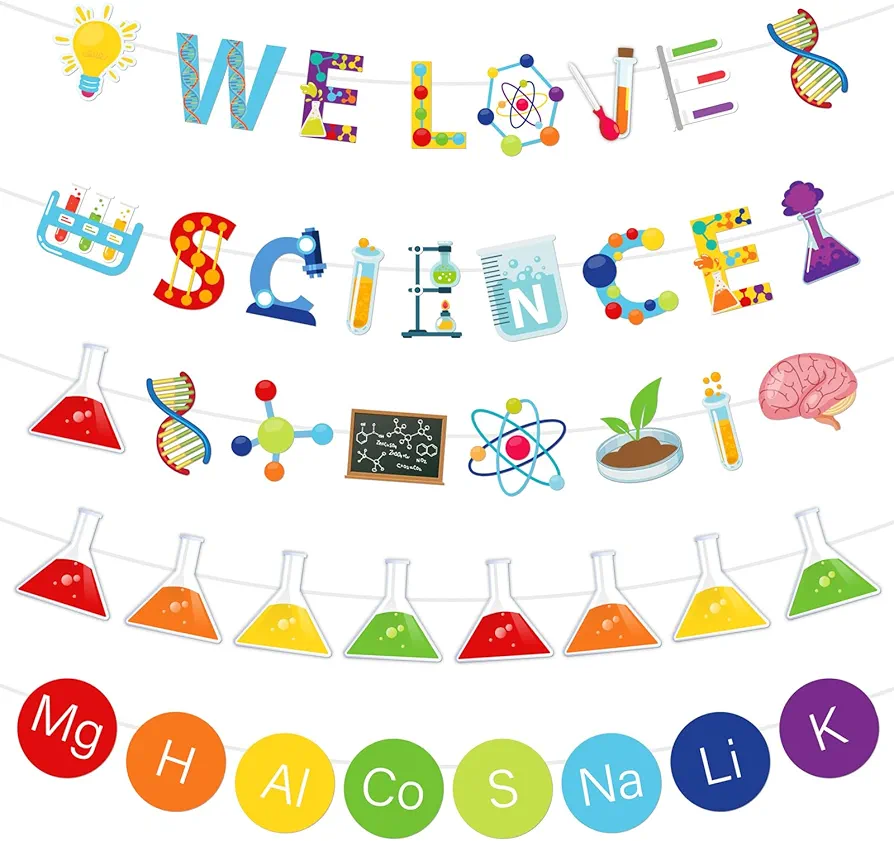 Whaline 5Pcs Science Banners Back to School We Love Science Garland Hanging Ornaments Science Chemistry Lab Party Decoration Set for School Classroom Home Scientist Birthday Party Decor Supplies