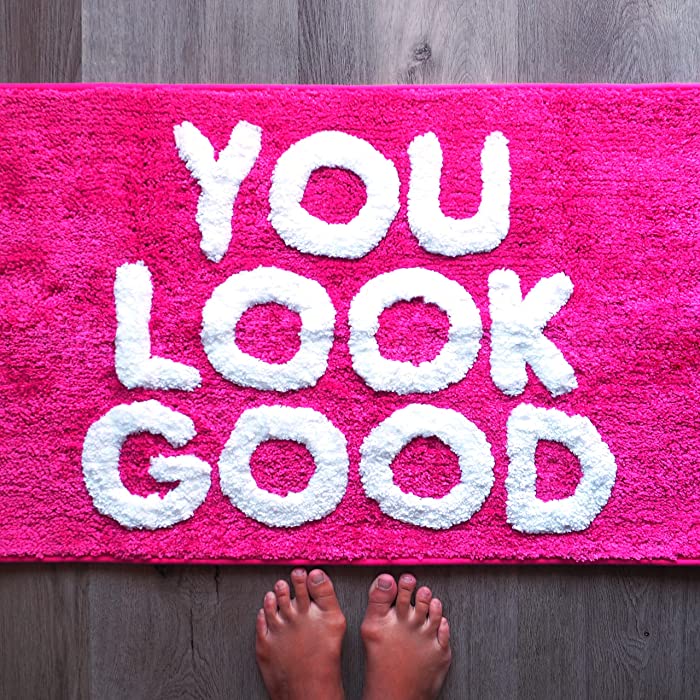 You Look Good Bath Mat Hot Pink Blush Cute Bathroom Rugs for Girls Hello Gorgeous Peach Coral Beautiful Funny Shower Fun Bathroom Decor Non-Slip Washable Kids Women