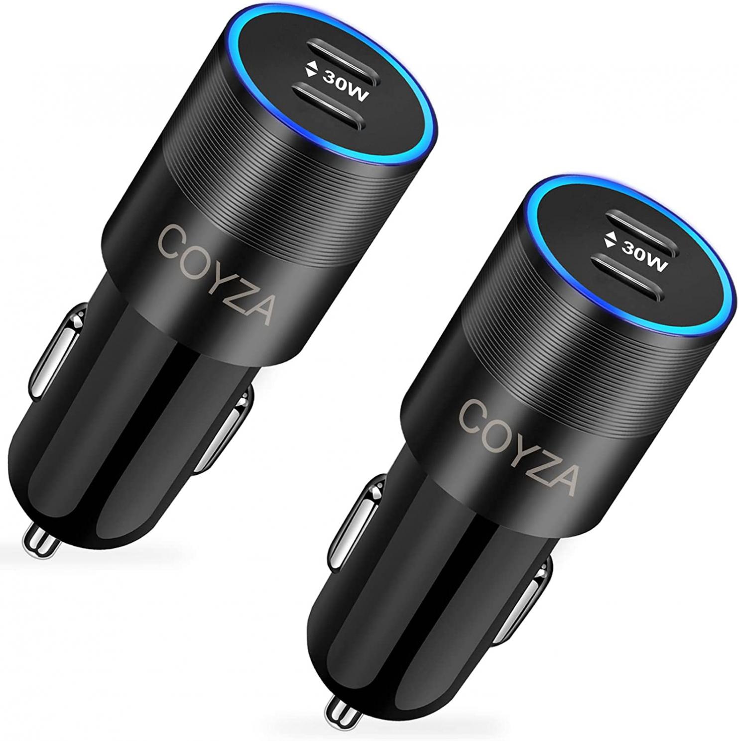 Fast USB C Car Charger, COYZA 2-Pack 30W Type C 12Volt Cigarette Lighter Charge Adapter, Dual PD Rapid Charging Ports Cargador para Carro Compatible for iPhone 14, Samsung, Galaxy, Google Pixel Phone