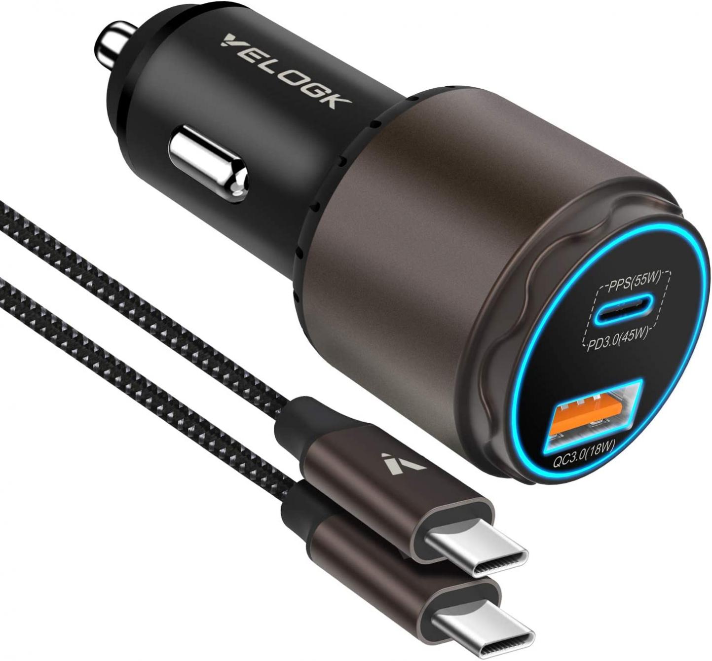 VELOGK Super Fast Type C Car Charger [73W Turbo], Metal Adaptive 55W 45W PPS/PD&QC3.0 USB C Car Adapter[Super Fast Charging 2.0]for Samsung S22/S21/S20 Ultra/Note 20/10 Plus,iPad Pro/Air,Macbook,Pixel