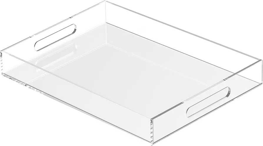 Acrylic Tray 16×12" with Cut Handles - Spill Proof Decorative Tray is an Ideal Countertop Organizer for Living Rooms, Ottoman Coffee Tables, Offices, Kitchens & Serving Guests