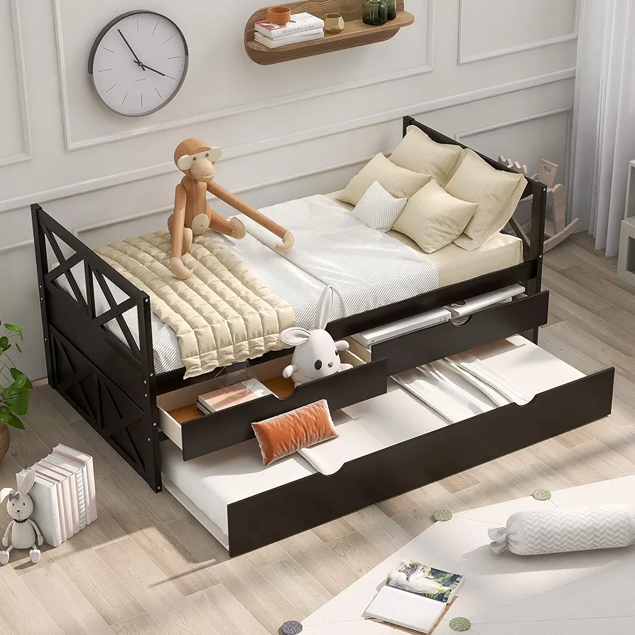 Twin Size Daybed with Storage Drawers and Trundle, Wood Captains Bed frame for Bedroom and Living Room, Espresso