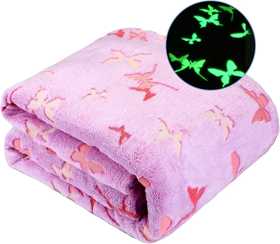 Glow in The Dark Blanket Butterfly Gifts for kids Girls Birthday Christmas Bedroom Bed Room Decor Toy Soft Cozy Fluffy Plush Fleece Premium Luminous Throw Fun Cool for Teen Toddler 50"x60"