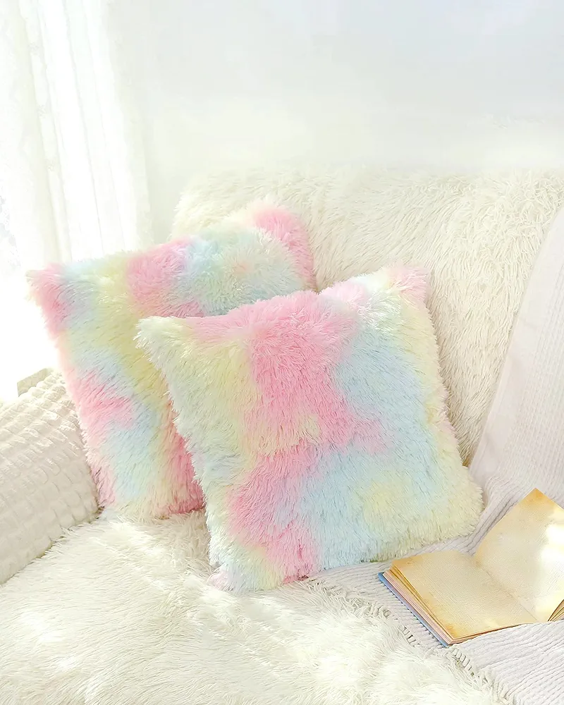 2Pcs Soft Faux Fur Fluffy Pillows Covers, Cute Kawaii Aesthetic Throw Pillow Covers for Girls Room Decor, Tie Dye Decorative Pillow Covers Fuzzy Rainbow Pillows for Teen Girls Bedroom