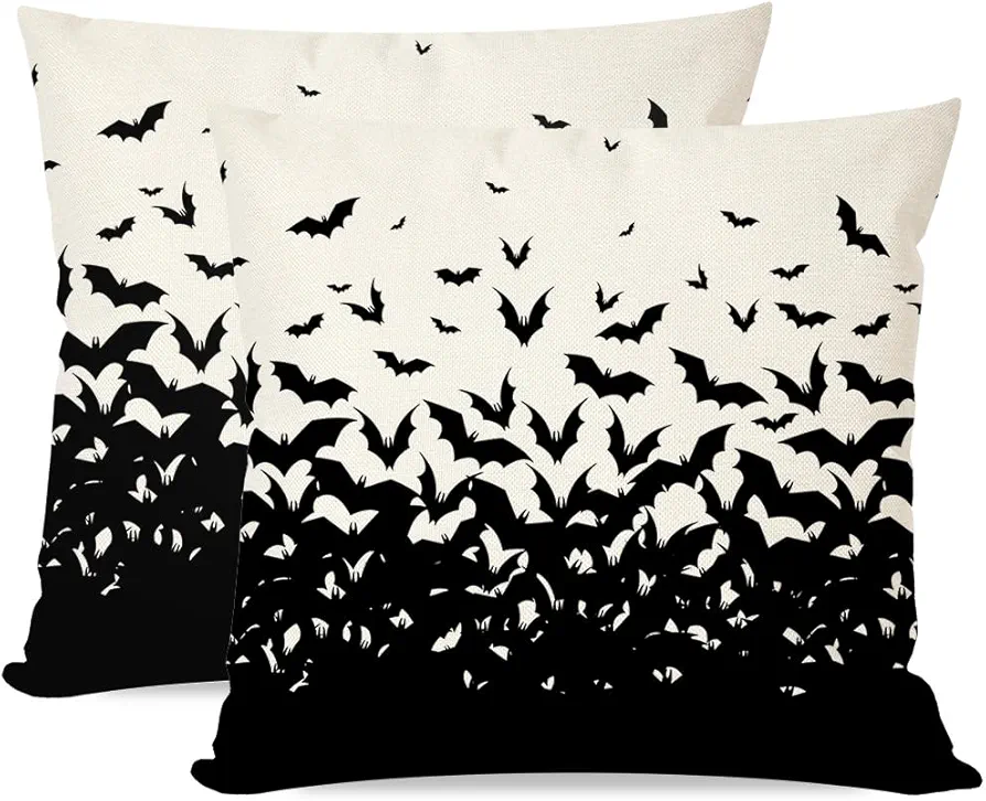 Black Bats Halloween Pillow Covers 18x18 Set of 2 Horror Spooky Creepy Halloween Decorations Indoor Outdoor Decorative Throw Pillows Cushion Cases for Home Living Room Bedroom Couch Decor