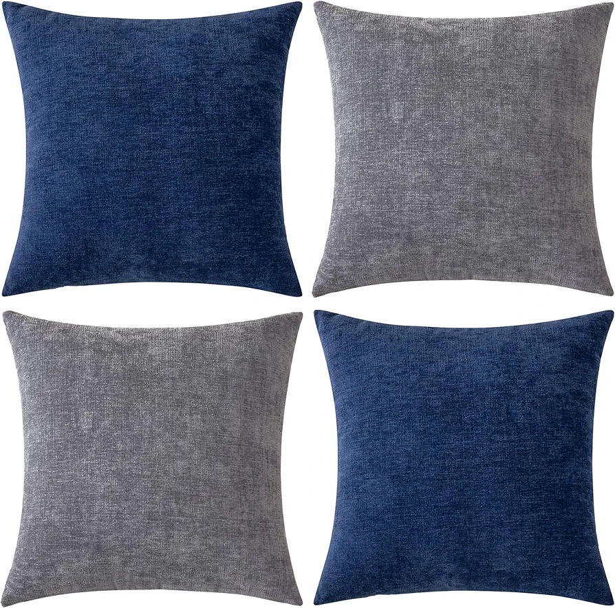 Pack of 2 Couch Throw Pillow Covers 16x16 Inch Soft Square Chenille Pillow Cover for Sofa Living Room Bedroom Car Solid Dyed Pillow Cases (Only Pillowcases) 40x40 Cm, Grey, Navy Blue