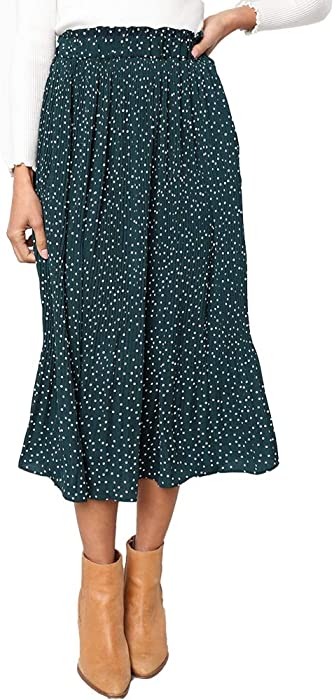 EXLURA Womens High Waist Polka Dot Pleated Skirt Midi Swing Skirt with Pockets