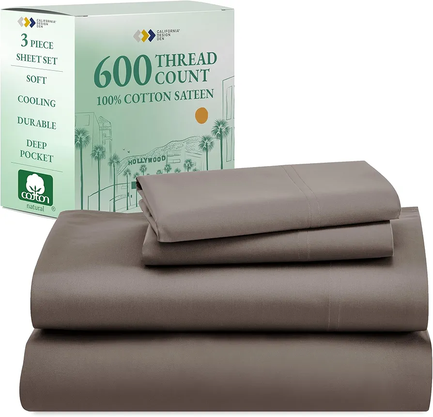 California Design Den Twin XL Sheet Set, 600 Thread Count Sateen, 100% Cotton Deep Pocket Sheets, Soft, Cooling Brown Sheet Set, Hotel-Quality Bedding - Brown