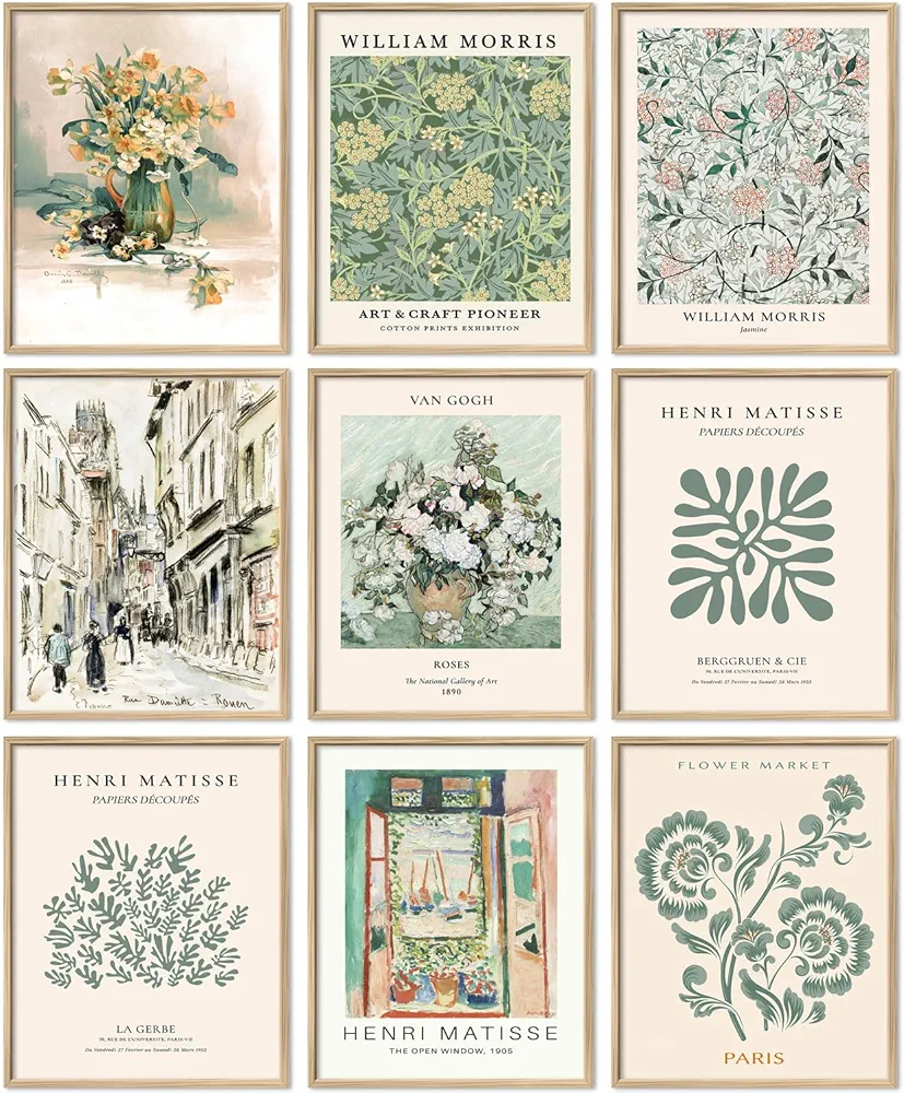 ANERZA 9 PCS Sage Green Wall Art Decor, Matisse Wall Prints for Bedroom, Abstract Posters for Room Aesthetic, Wall Collage Kit Pictures for Living Room, Eclectic Boho Vintage Dorm Gallery Home Decor