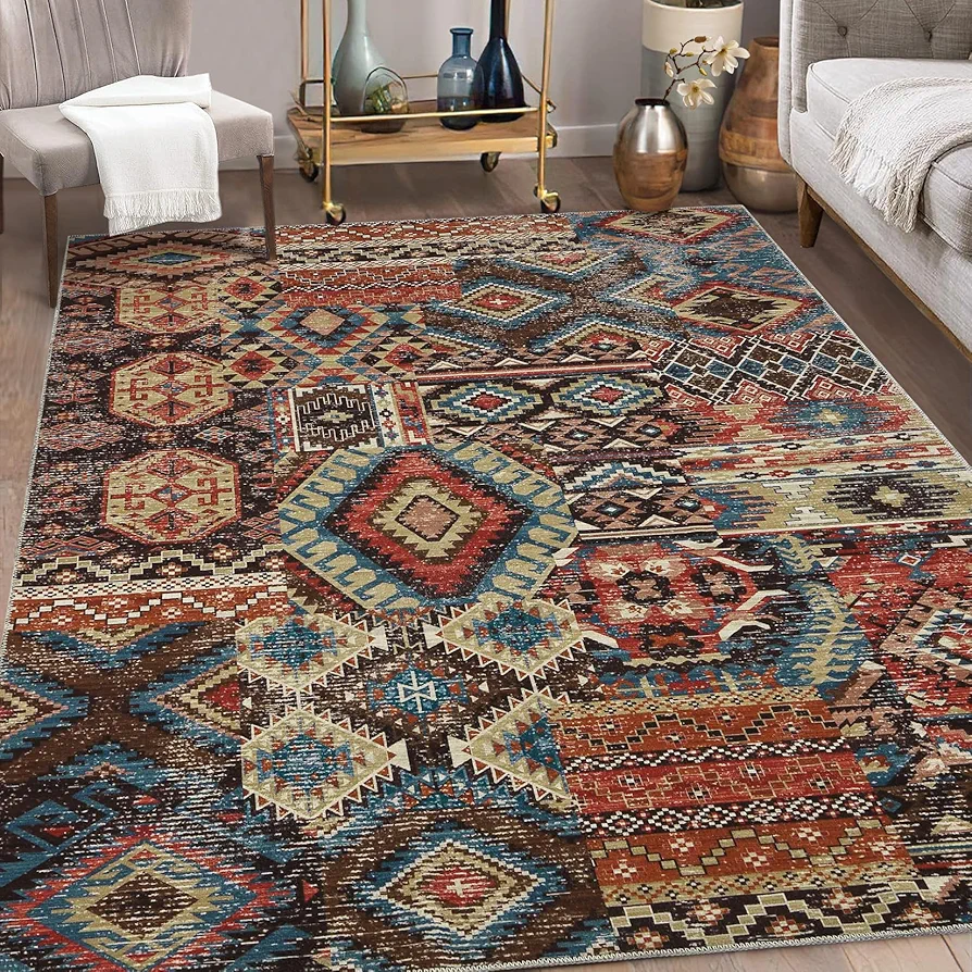 Area Rug 4x6 Machine Washable Rugs for Living Room Soft Tribal Rugs Boho Area Rugs for Bedroom Non Slip Vintage Floor Carpet Dining Room Boho Area Rug Office Home Decor