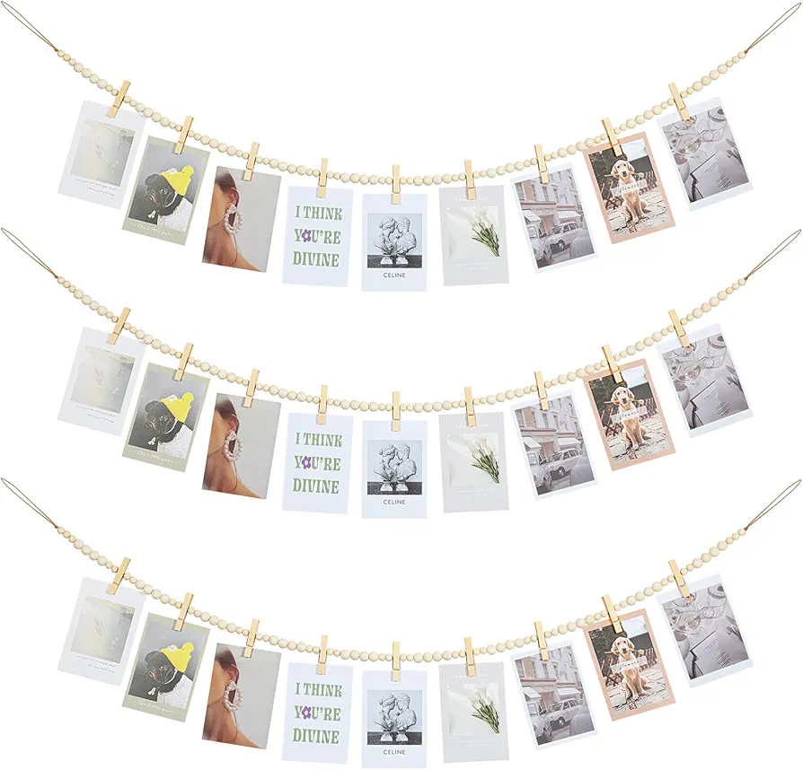 Hanging Photo Display Wall Decor, 3PCS Boho Wooden Bead Garland Collage Picture Frame with 9 Wood Clips for Bedroom, Living Room, Office, Dorm Decor, Photos Holder Teen Girl Gifts