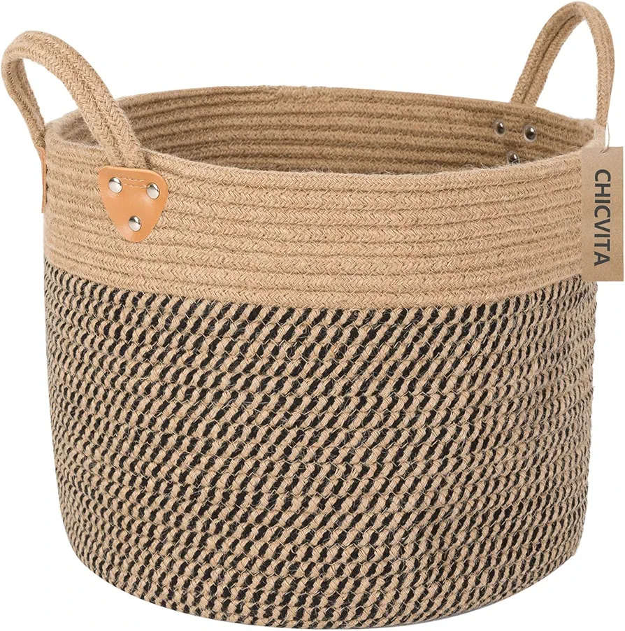 CHICVITA Wicker Laundry Basket, Collapsible Basket With Handles, Storage Baskets for Decor, Rope Basket for Blankets, Toys, Clothes, Shoes, Plant Basket for Living Room, 14" X 14" X 12"