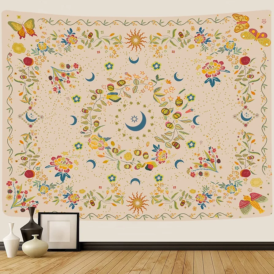 TTYQXZ Wall Tapestry Bohemian - Floral Vine Tapestry Wall Hanging Celestial Sun Moon and Star Tapestries Hippie Home Decor Boho Tapestry for Bedroom Aesthetic (Butterfly Beige, Medium (50ʺx 60ʺ))