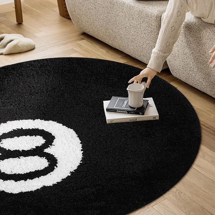 8 Ball Rug - 24 inch Black Round Rug, Billiard Pool 8 Ball Carpet, Cool Rugs for Bedroom Aesthetic, Non-Slip Flocking Bath Mat, Y2K Rug for Room Decor (Black, 24in)