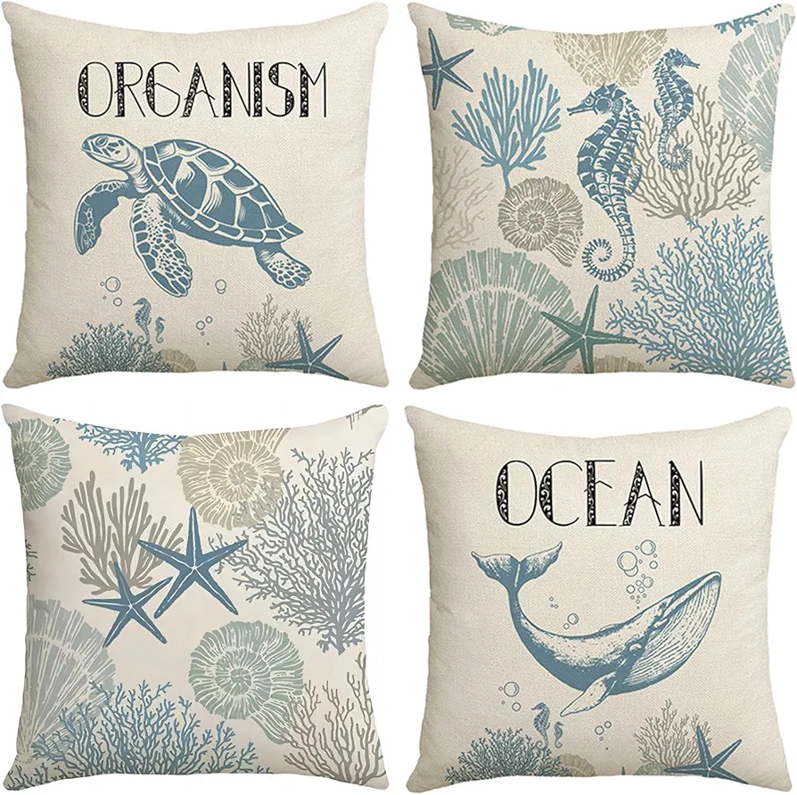 Beach Coastal Pillow Covers 18x18 Set of 4, Ocean Themed Turtle Whale Seashell Coral Starfish Throw Pillow for Couch, Outdoor Indoor Home Decorative Linen Pillow Covers for Bedroom Living Room