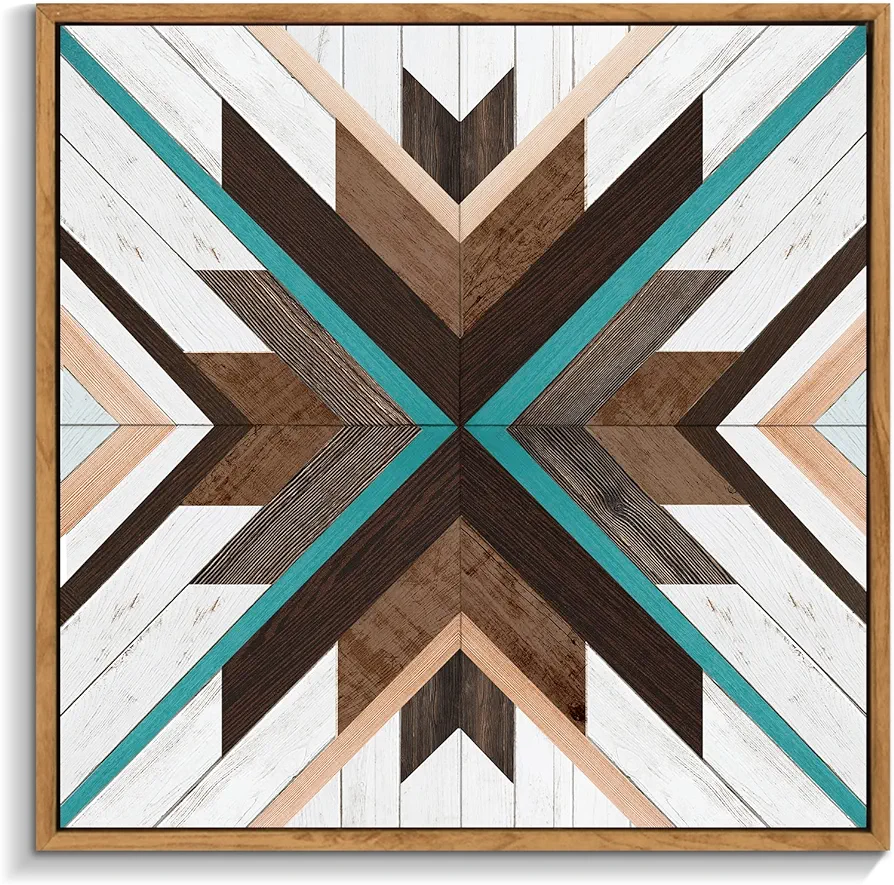 Framed Plank Canvas Wall Art Colorful Geometric Wooden Grain Style Picture Paintings, Rustic Wall Art Decor Boho Artwork for Farmhouse Living Room Home & Office Walls 20" x 20"